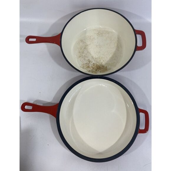 Bruntmor 2 In 1 Red Cast Iron Enamel Skillet Dutch Oven Combo W/ Lid 5 Qts Red - Picture 3 of 10